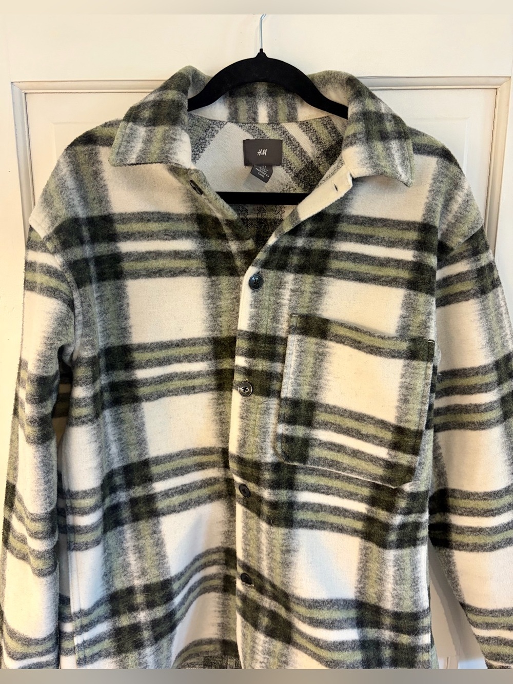 H&M Plaid Shacket Green Cream Button Front Overshirt Jacket Small